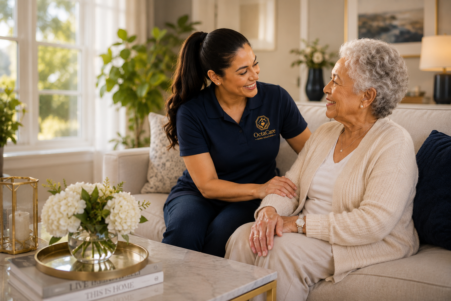 A professional OctaCare caregiver in a navy polo sitting with and warmly supporting a smiling senior woman in a bright, upscale living room