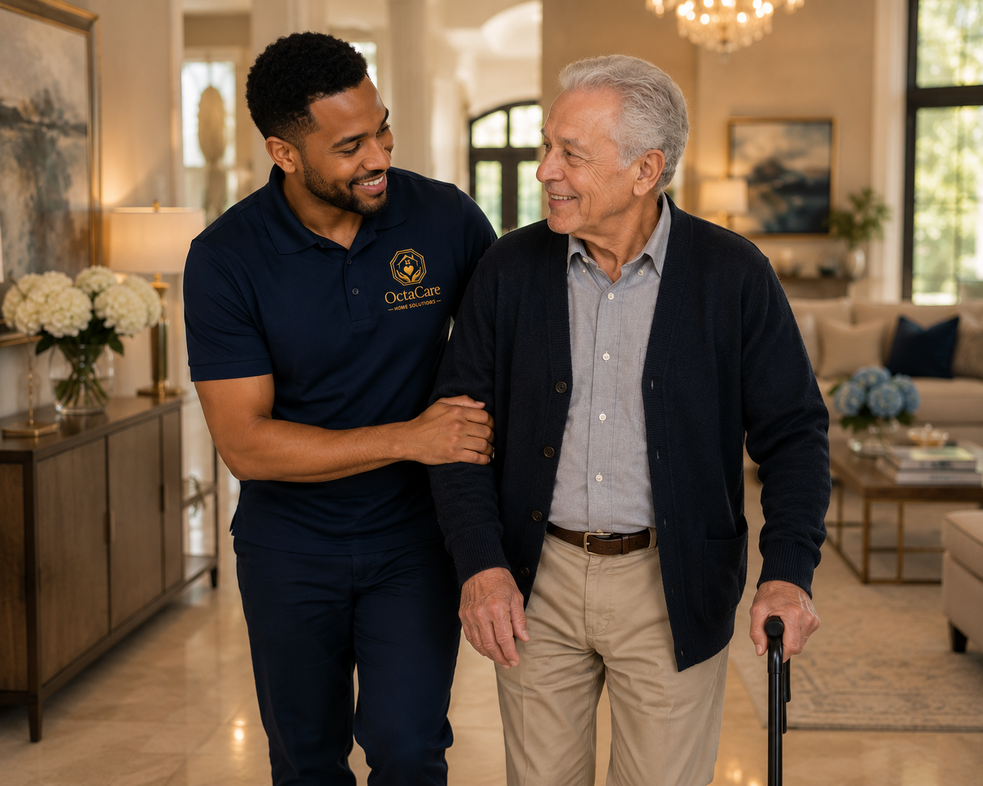 An OctaCare caregiver supporting a senior man with a cane as they walk through his home